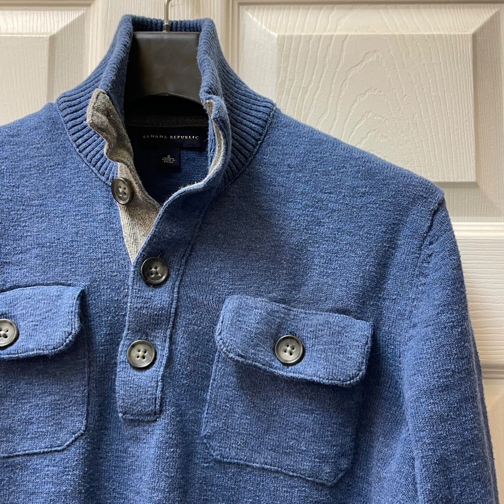 Banana Republic Sweater Men's Small Button Mock Neck‎ Blue Cotton Double Pockets